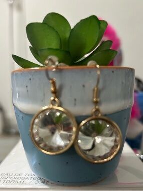 Gold Crystal Drop Earrings with Pink Accent